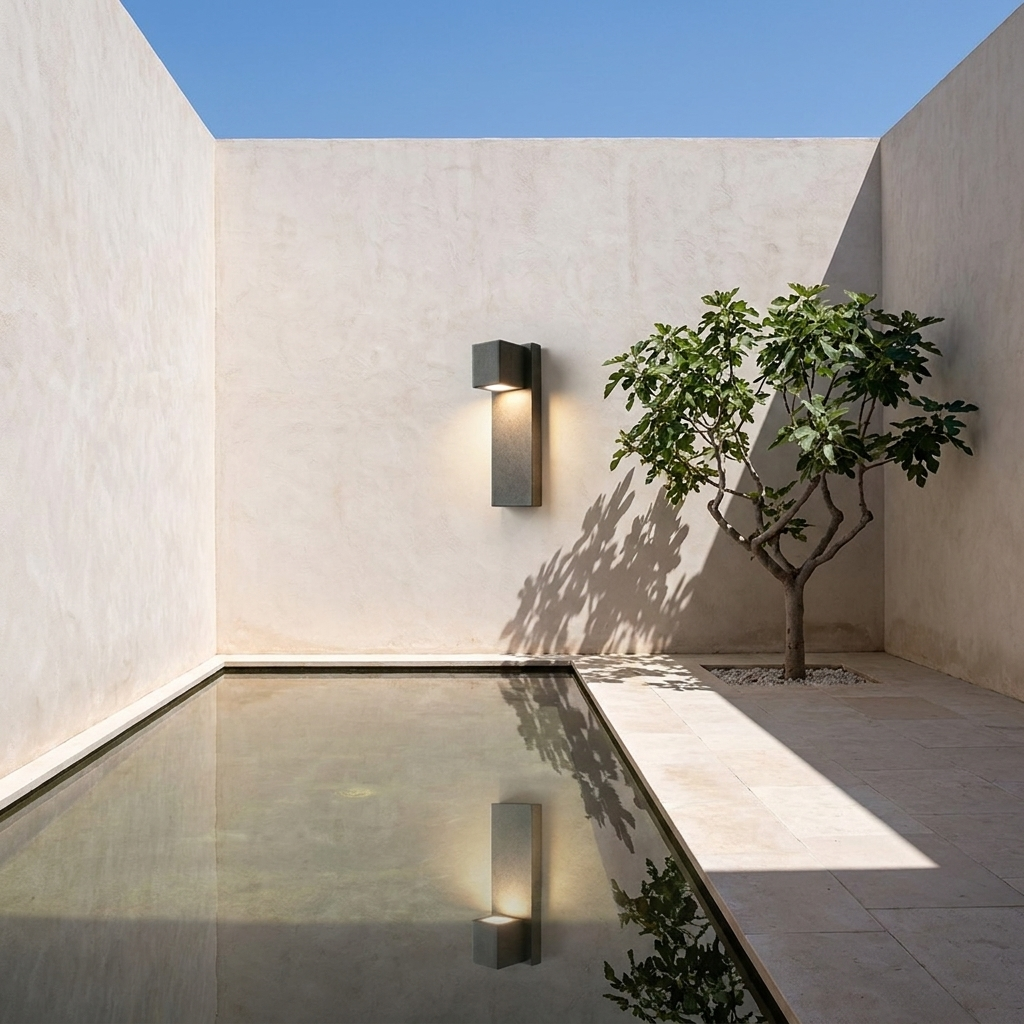 Black geometric stone wall light on plaster courtyard wall with reflecting pool