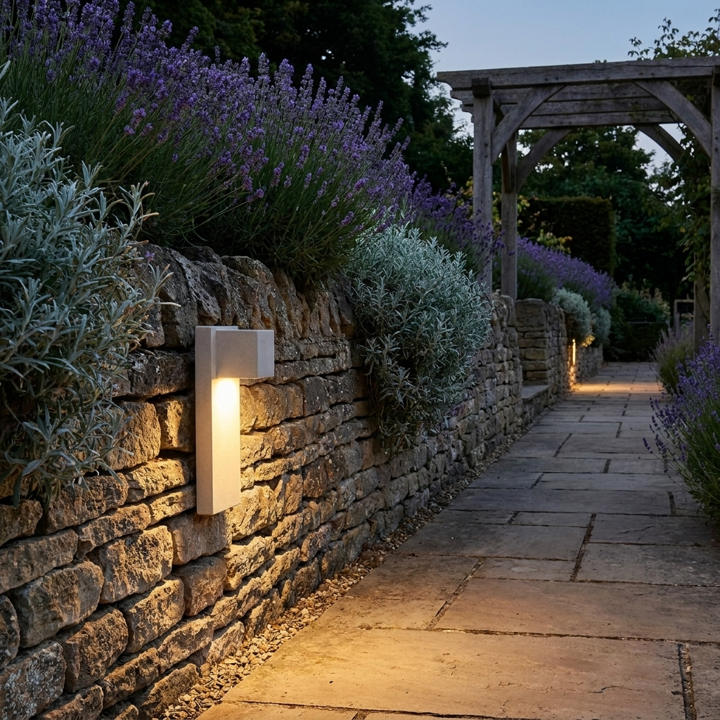 White stone sconce lighting a dry stone garden path wall at dusk