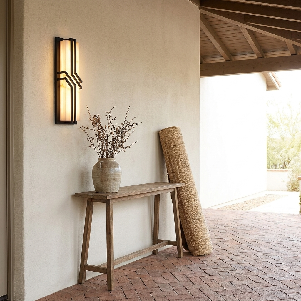 Faux marble wall sconce on covered porch with herringbone brick floor