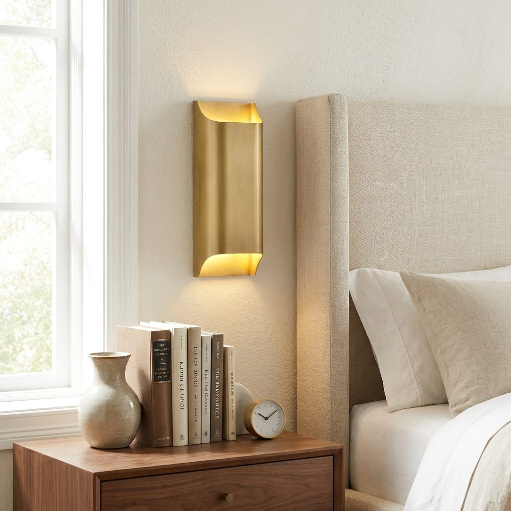 Sennen brass wall sconce tall column mounted in a primary bedroom beside a linen headboard