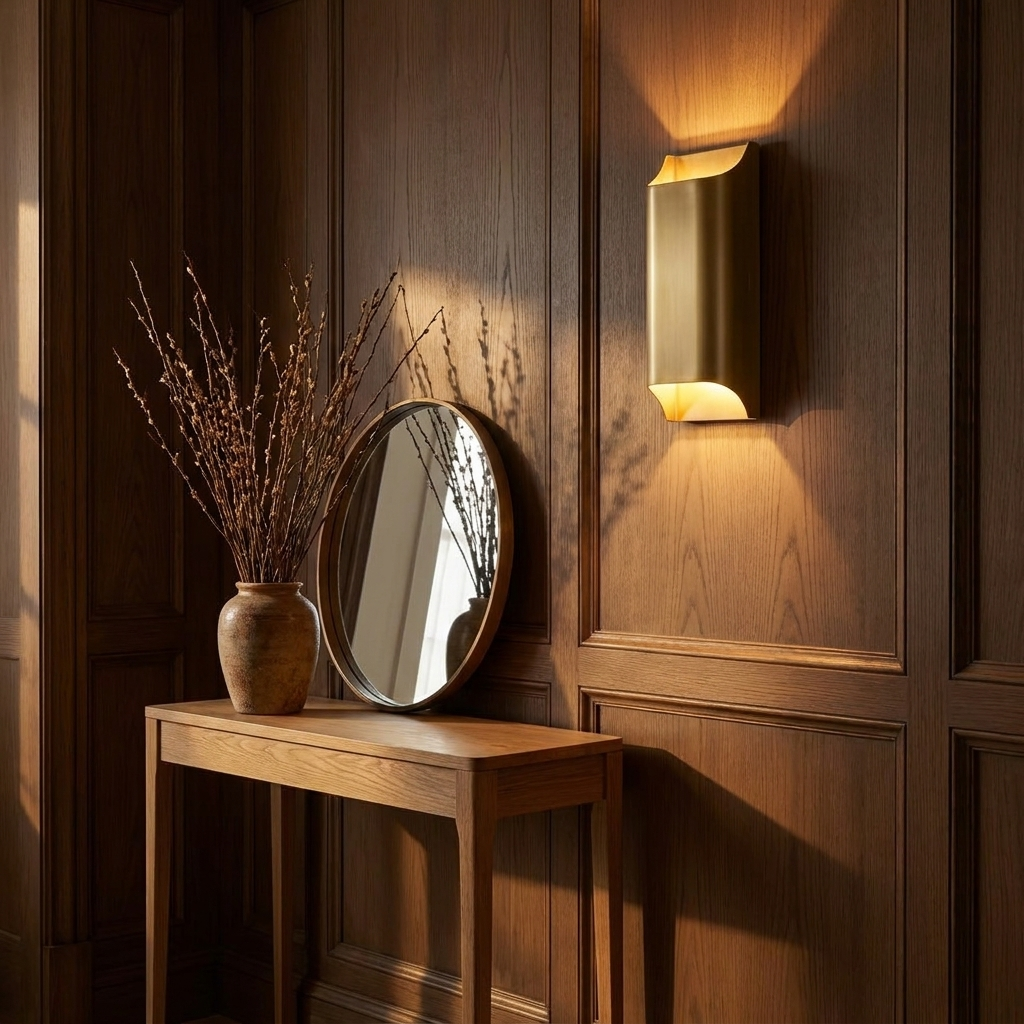 Sennen brass wall sconce tall column lighting a panelled entryway with an oak console