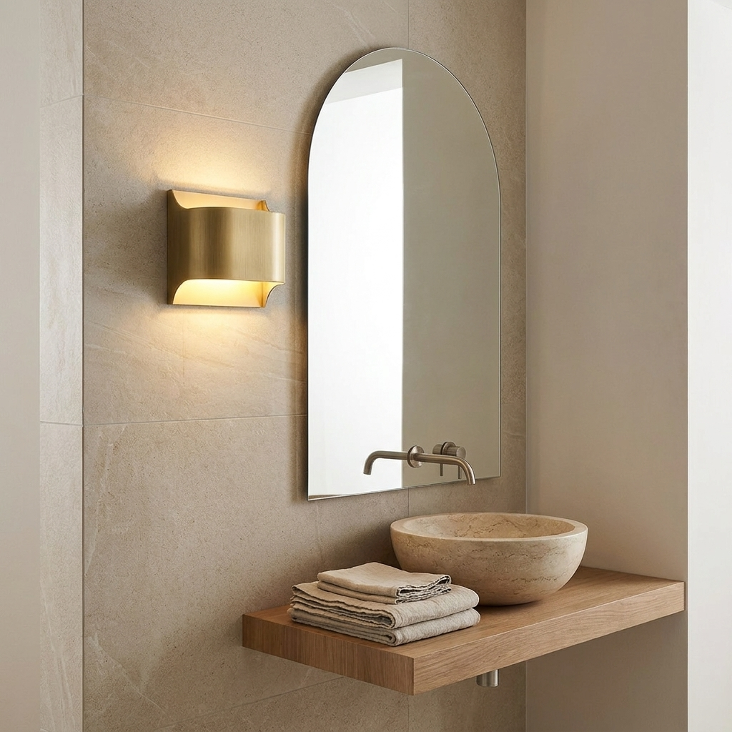 Sennen brass wall sconce wide round in a minimalist bathroom with an arched mirror