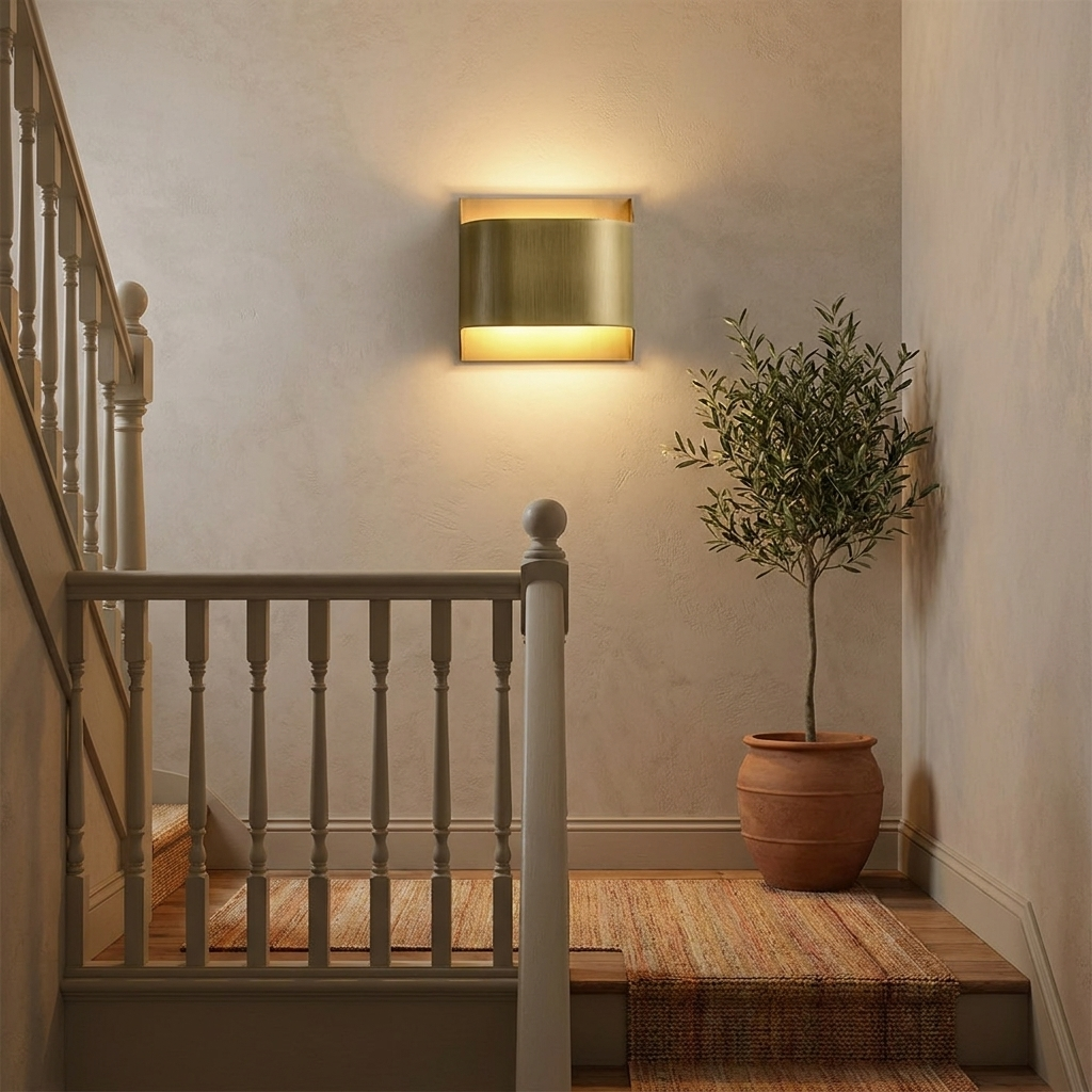 Sennen brass wall sconce wide round lighting a stairwell landing with a runner