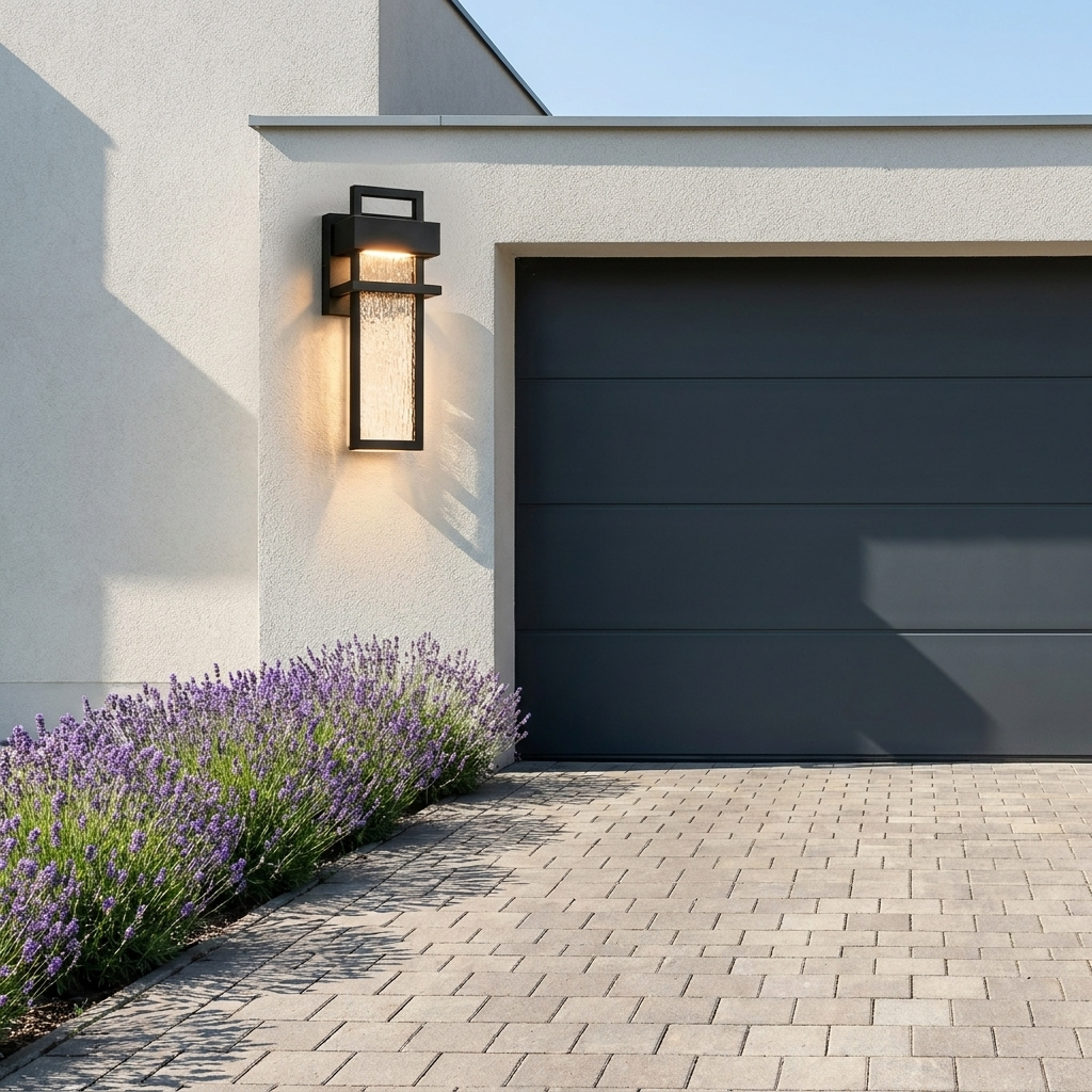Valmont black LED outdoor wall light on a garage exterior above a paved driveway