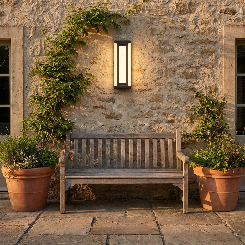 Elstree linear wall light in a paved courtyard with terracotta planters and timber bench