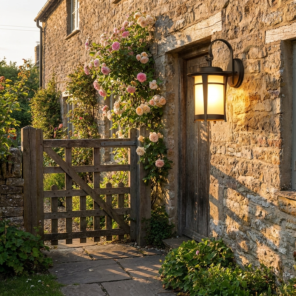 Ionna black outdoor wall sconce on a stone cottage wall beside a timber garden gate