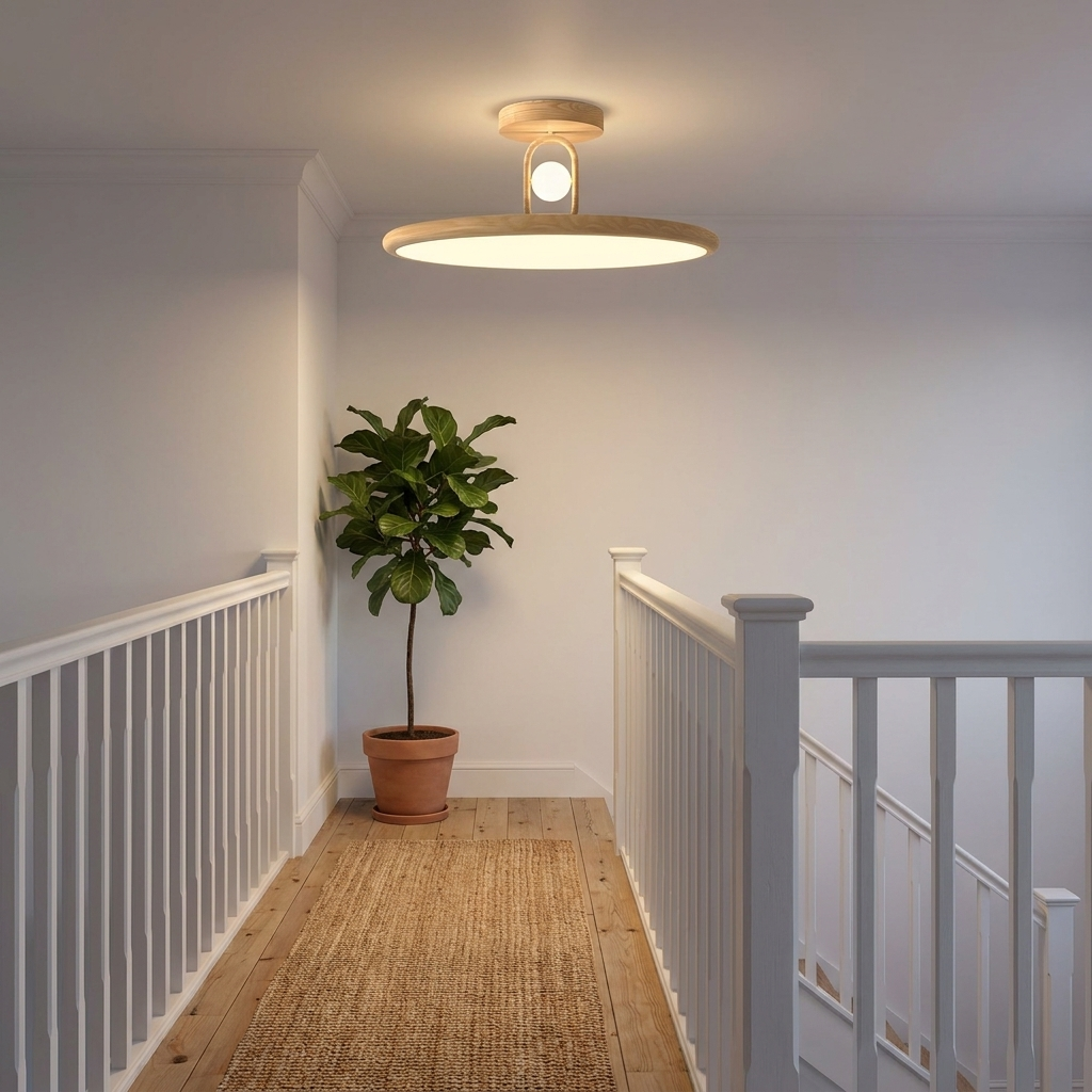 Rowena natural wood ceiling light on an upstairs landing with plant and woven runner