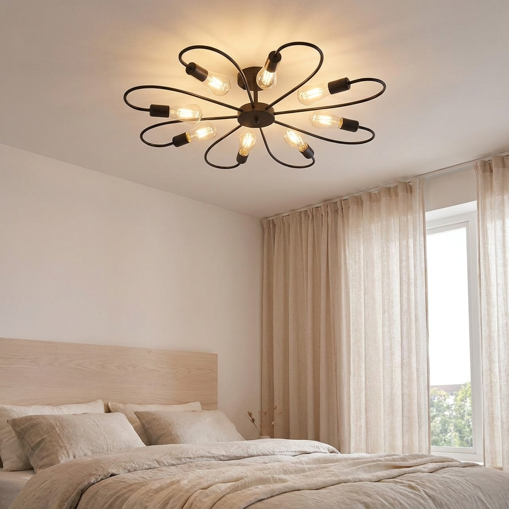 Daisy black iron flower ceiling light above a calm bedroom with linen bedding