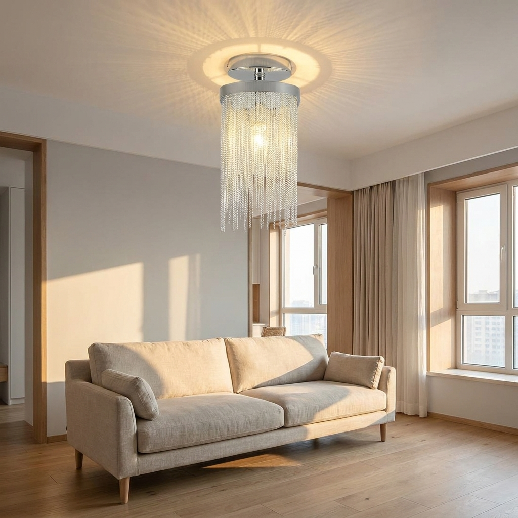 Odetta chrome metal tassel chandelier in a bright Nordic living room