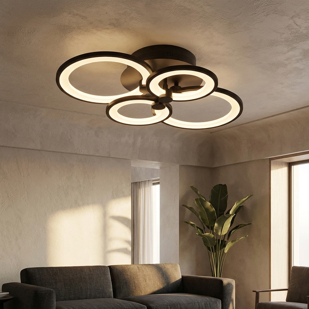 Anneau black multi ring LED ceiling light in a contemporary living room