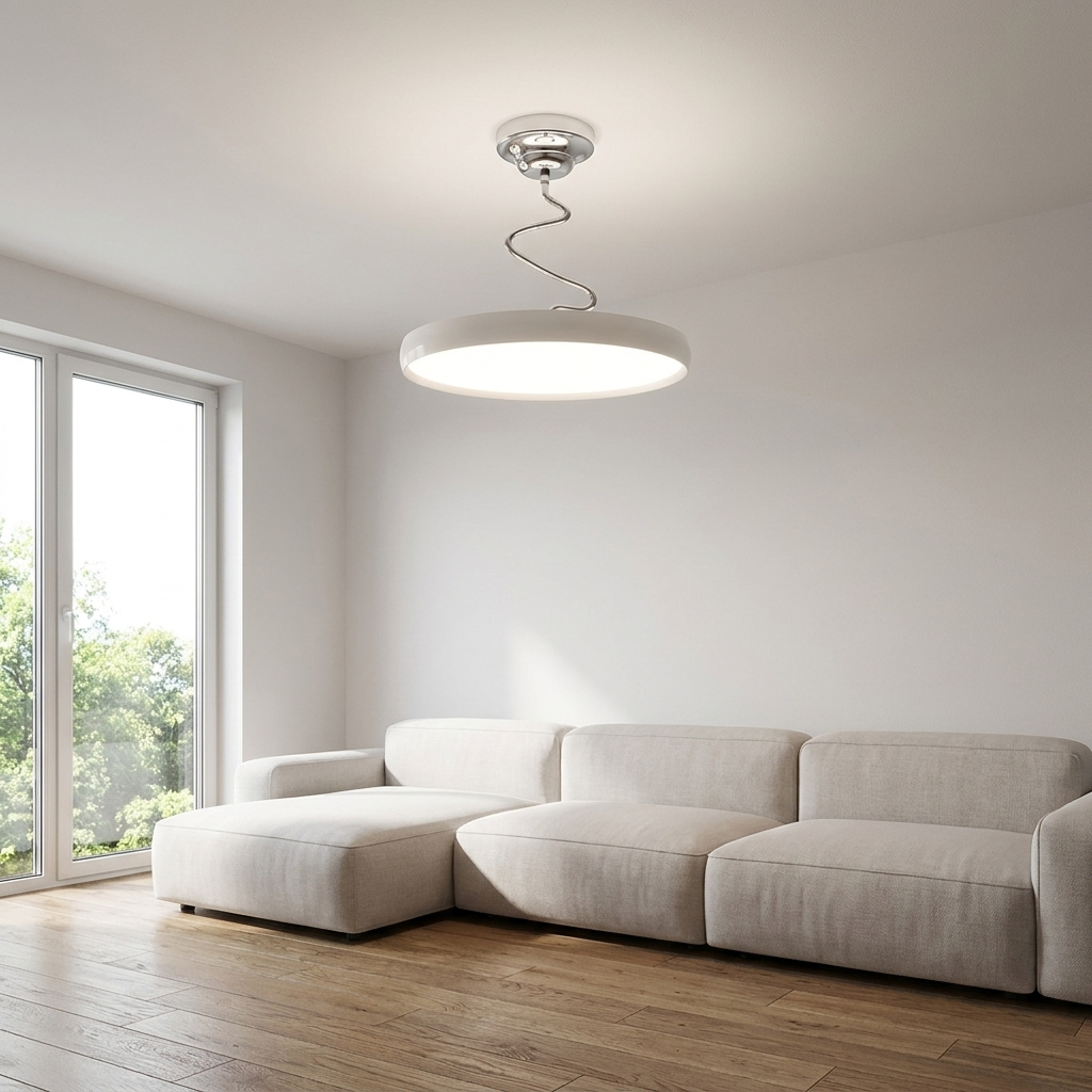 Vireo white disc semi flush ceiling light in a modern living room