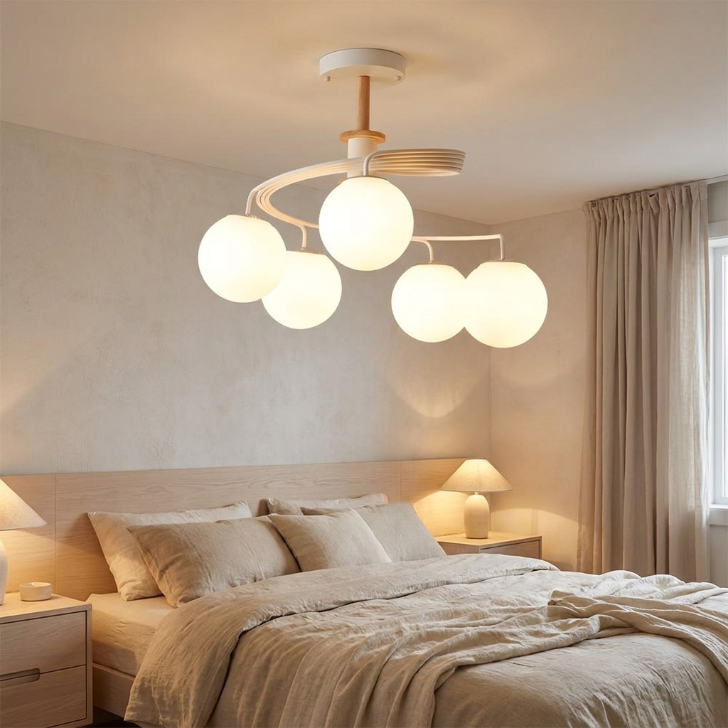 Verdon white spiral glass globe ceiling light in a calm bedroom