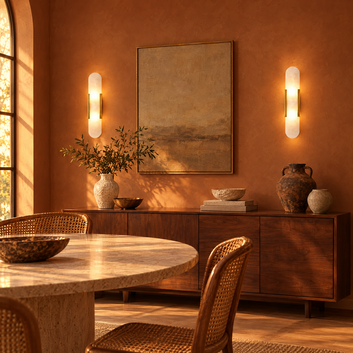 Alba Alabaster Wall Sconce in Brass on a terracotta wall above a walnut sideboard in a dining room