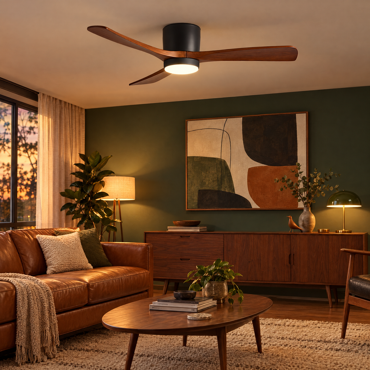 Aeris Wooden Ceiling Fan in Black and Walnut Wood in a mid-century living room