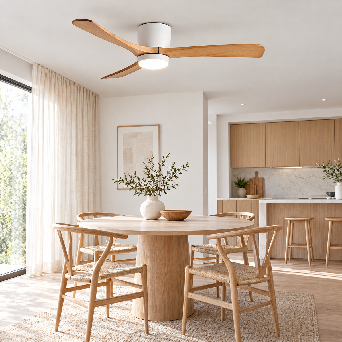 Aeris Wooden Ceiling Fan in White and Nature Wood above a Scandinavian dining area