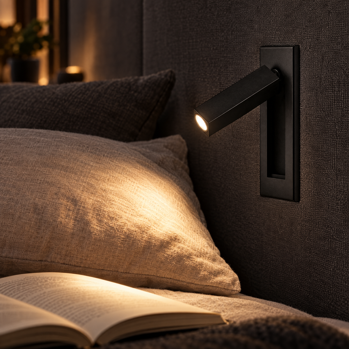 Lumo Recessed Bedside Reading Sconce in Matt Black, close-up beside a bed