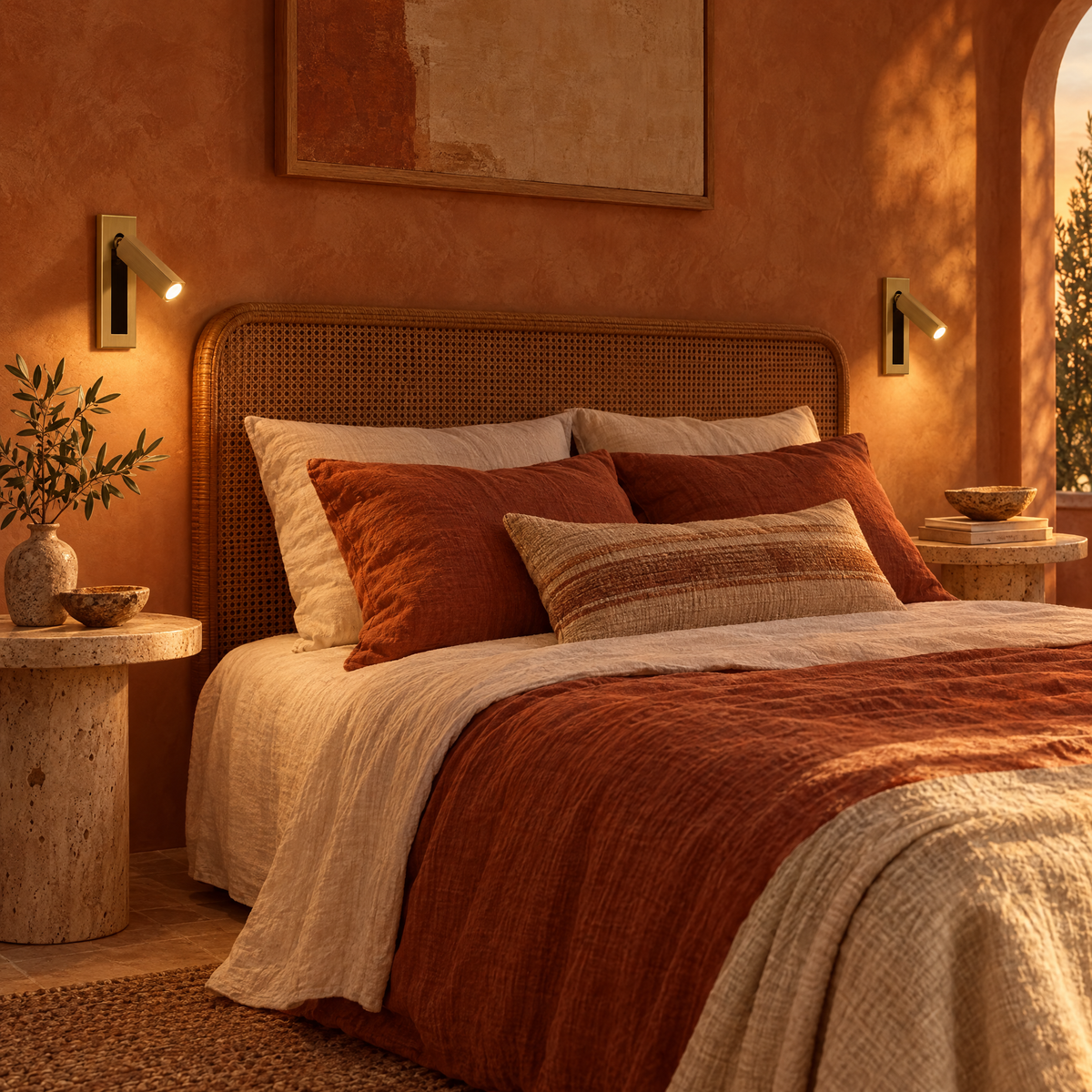 Pair of Lumo Recessed Bedside Reading Sconces in Copper in a Mediterranean bedroom