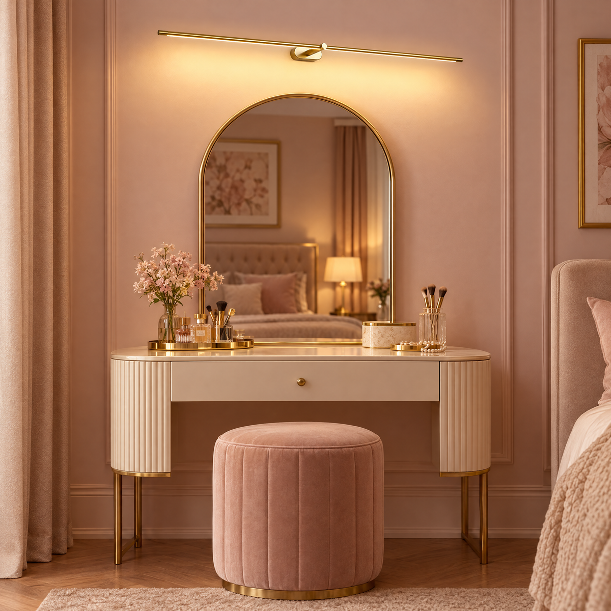 Kova Rechargeable Linear Wall Light in Gold above an arched mirror and dressing table