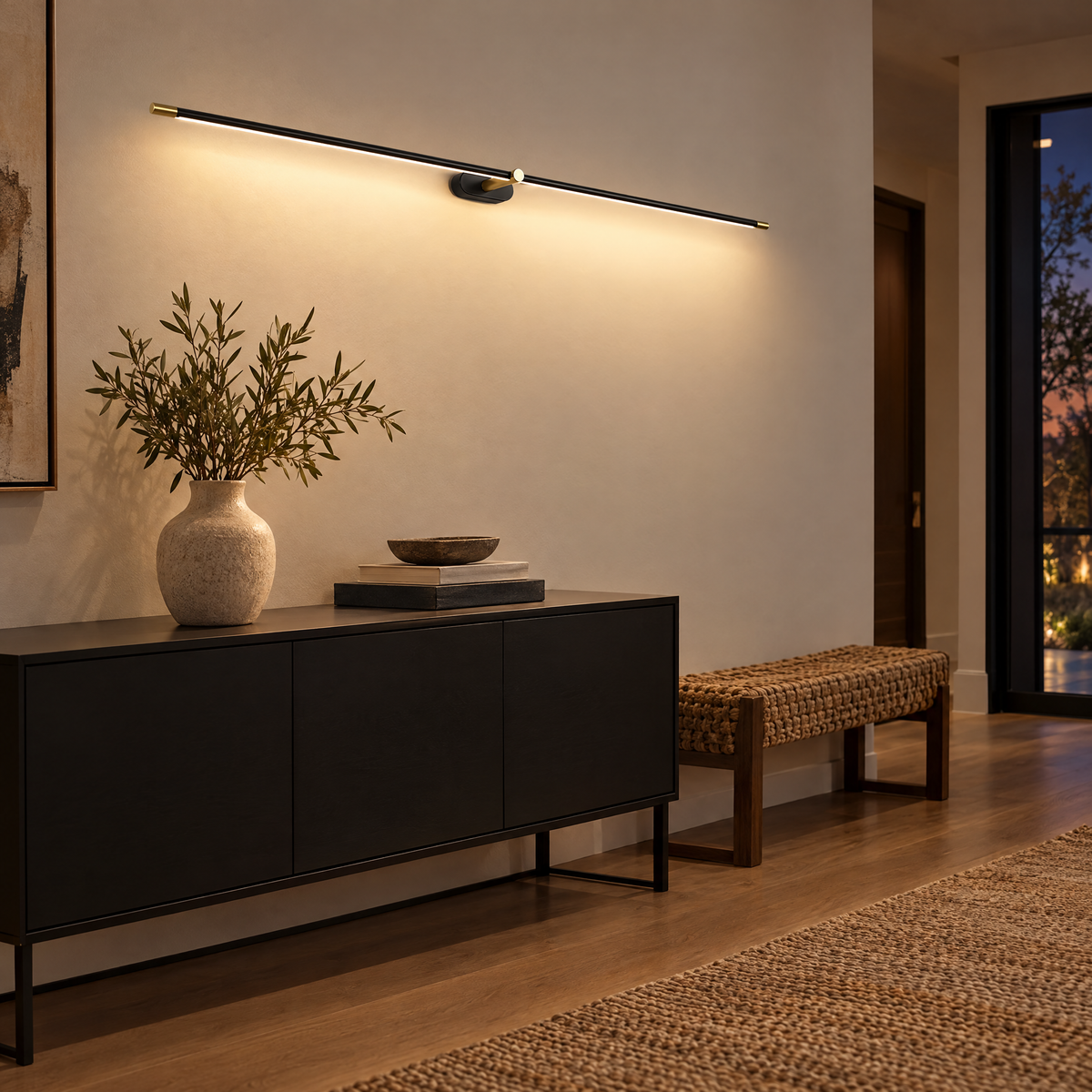 Kova Rechargeable Linear Wall Light in Black and Gold above an entryway console