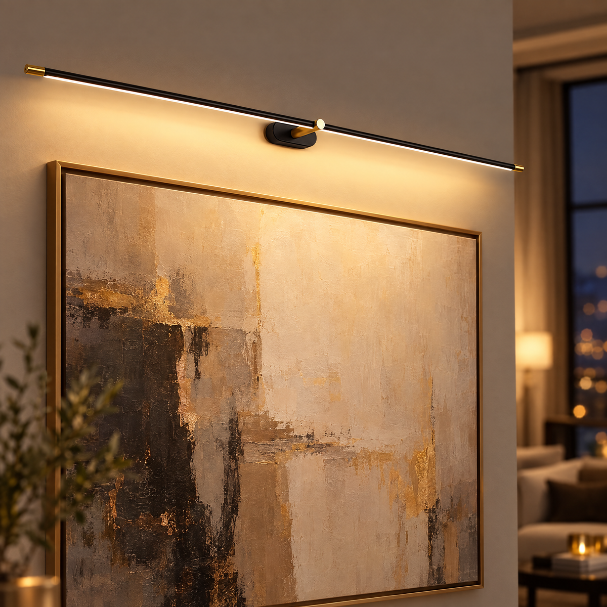 Kova Rechargeable Linear Wall Light in Black and Gold, close-up above artwork