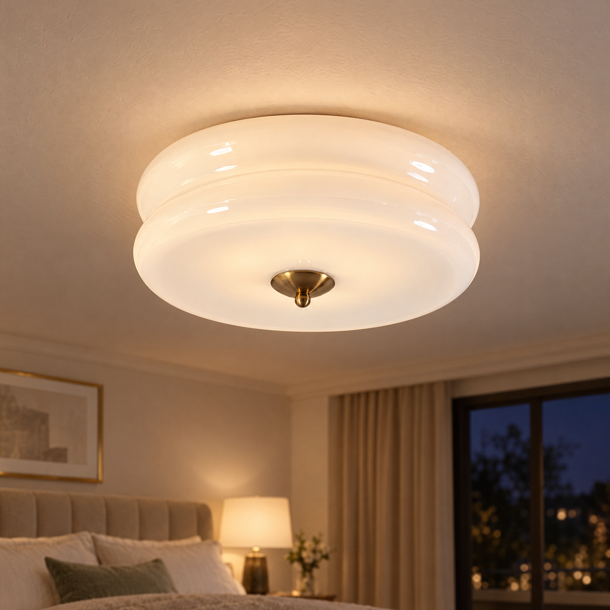 Gilda Art Deco Flush Mount Ceiling Light in Gold and White, close-up on the ceiling