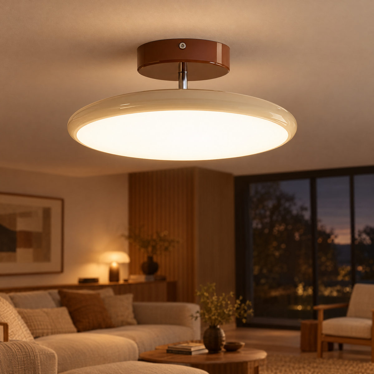 Solace Adjustable Swing Arm Ceiling Light in Beige, close-up on the ceiling