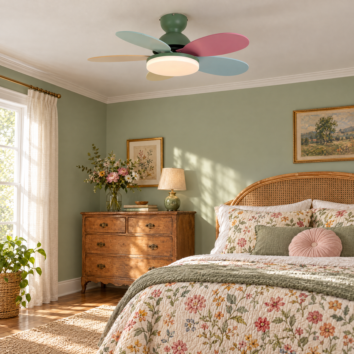 Petalo Petal Blade Ceiling Fan Light in Green and Colourful in a cheerful bedroom