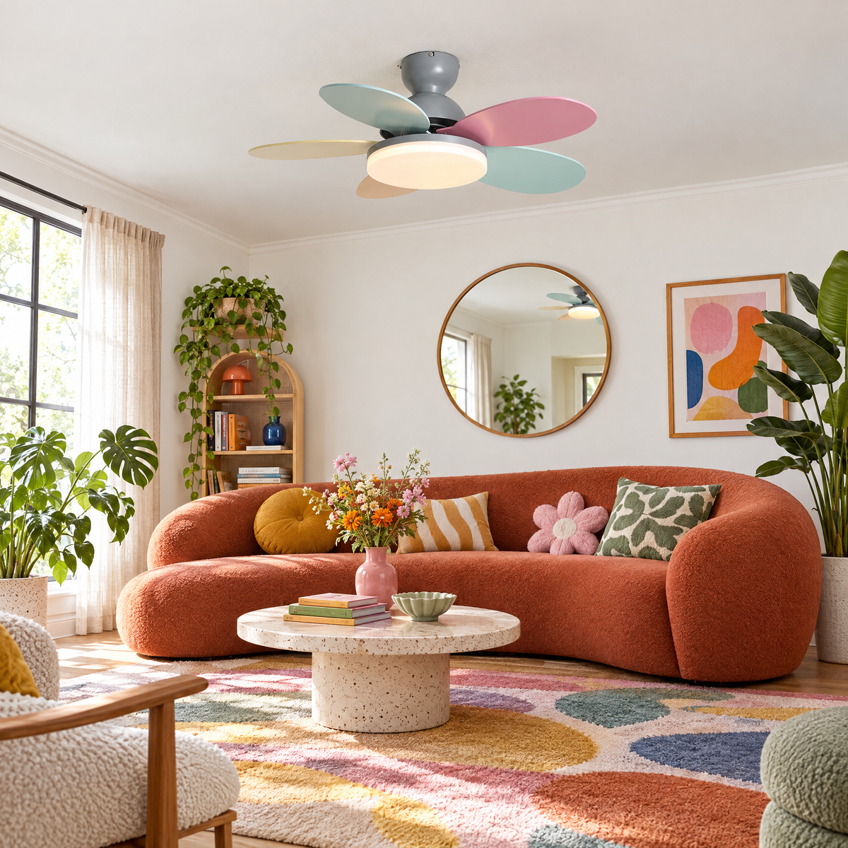 Petalo Petal Blade Ceiling Fan Light in Grey and Colourful in an eclectic living room