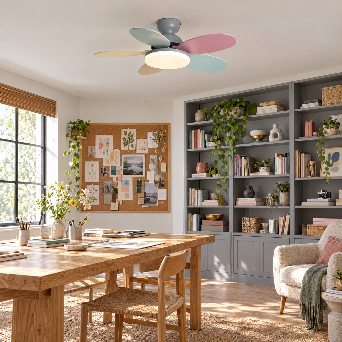 Petalo Petal Blade Ceiling Fan Light in Grey and Colourful in a home studio