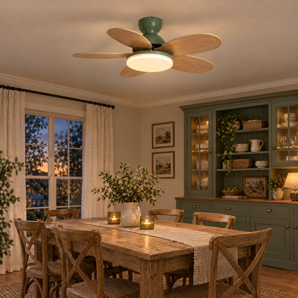 Petalo Petal Blade Ceiling Fan Light in Green and Wood Grain in a cottage dining room