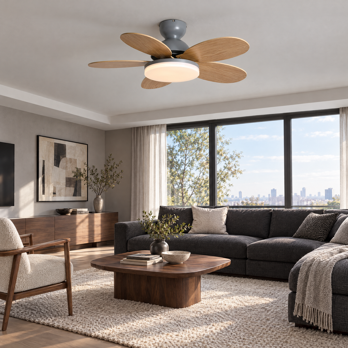 Petalo Petal Blade Ceiling Fan Light in Grey and Wood Grain in a modern living room
