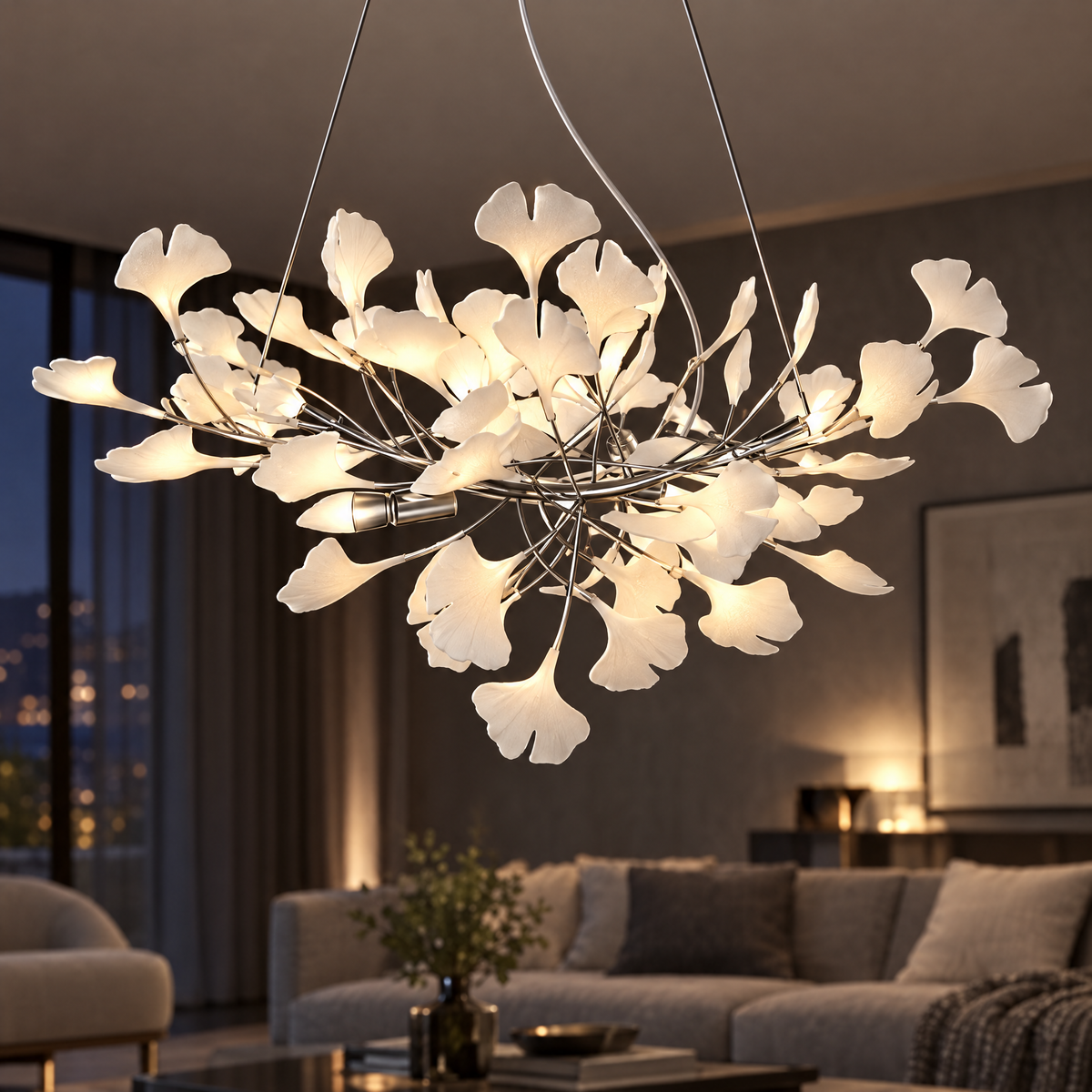Horizon Ceramic Ginkgo Leaf Chandelier in Nickel, close-up in a living room