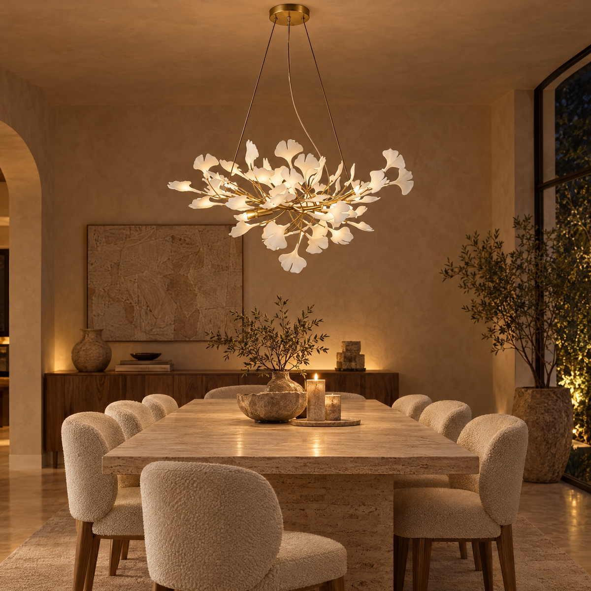 Horizon Ceramic Ginkgo Leaf Chandelier in Gold above a travertine dining table