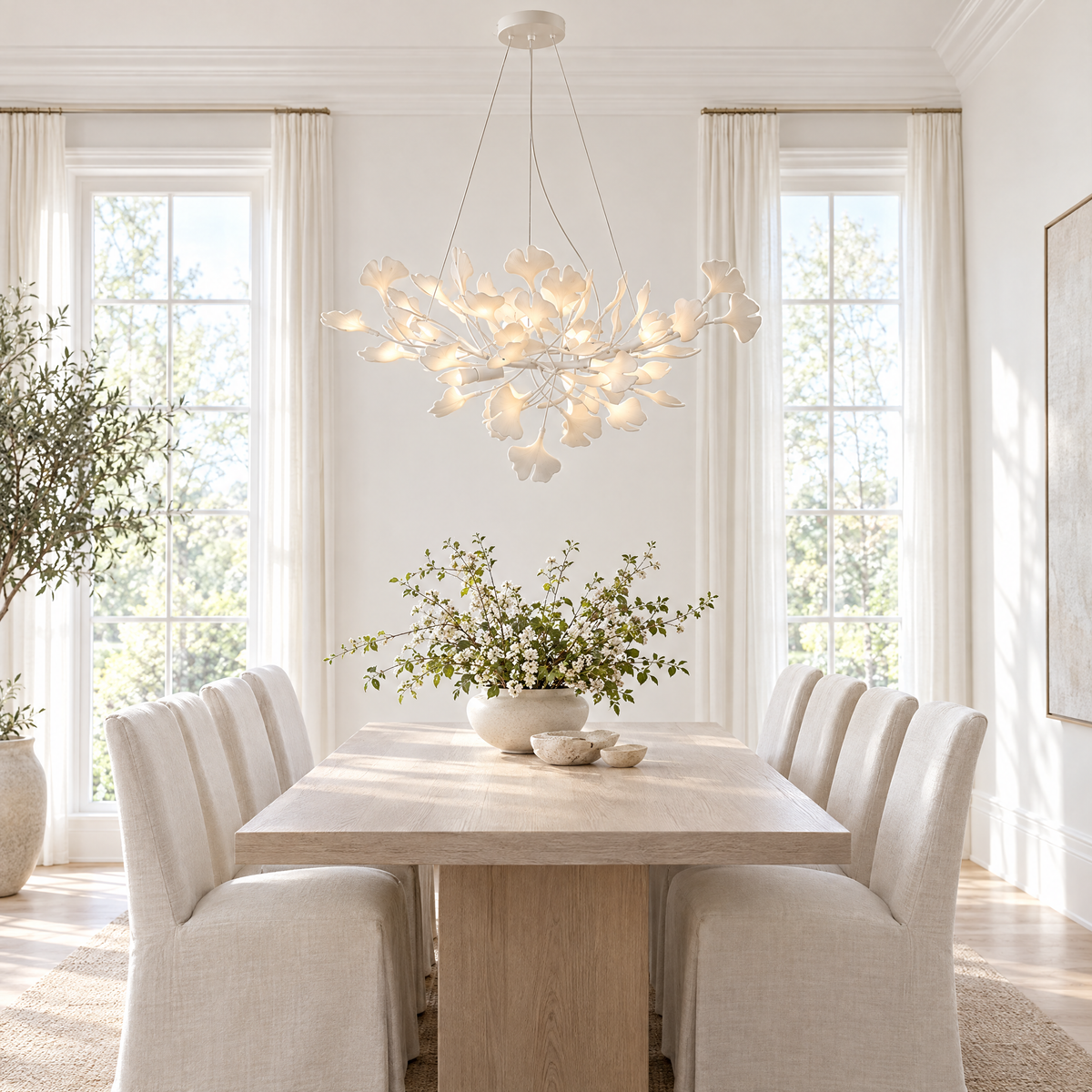 Horizon Ceramic Ginkgo Leaf Chandelier in White above a white oak dining table