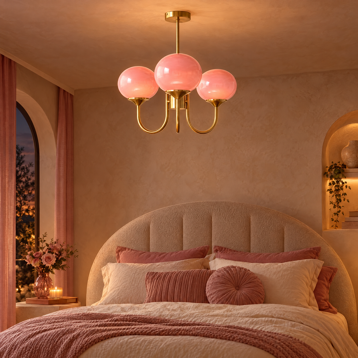 Mallow Glass Shade Chandelier in Copper and Pink in a bedroom
