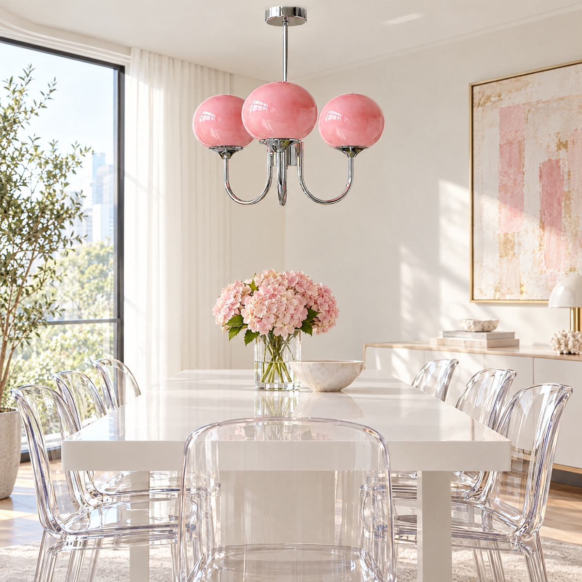 Mallow Glass Shade Chandelier in Chrome and Pink above a white dining table
