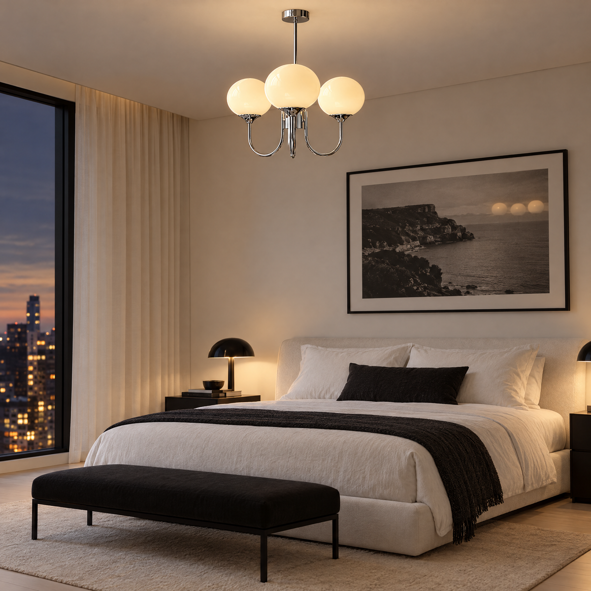 Mallow Glass Shade Chandelier in Chrome and White in a monochrome bedroom