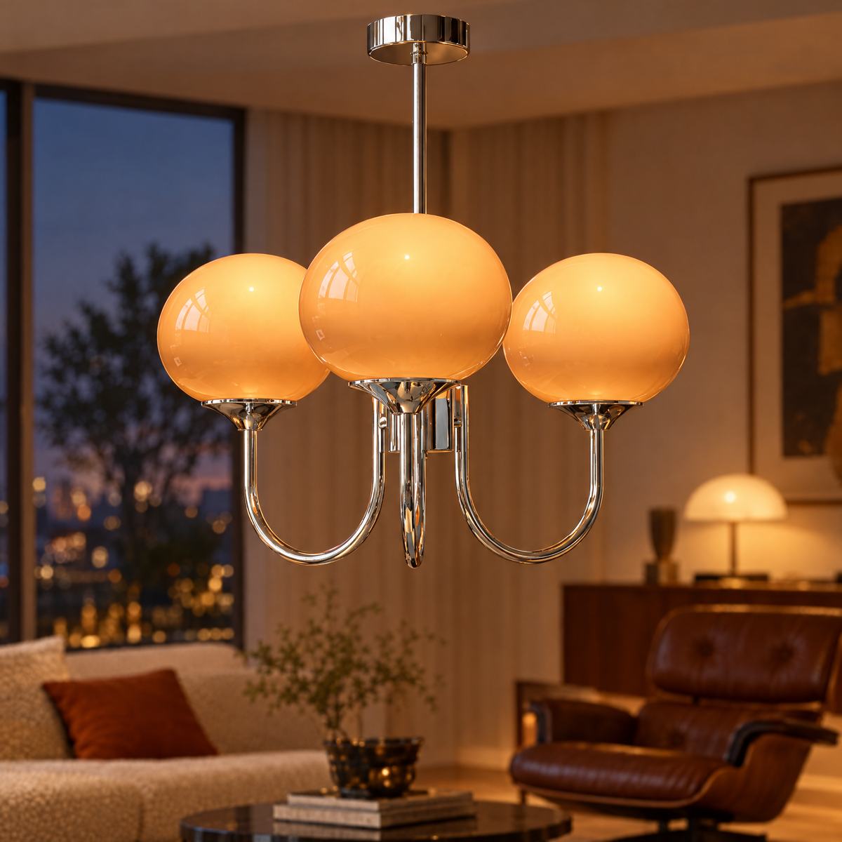 Mallow Glass Shade Chandelier in Chrome and Orange, close-up