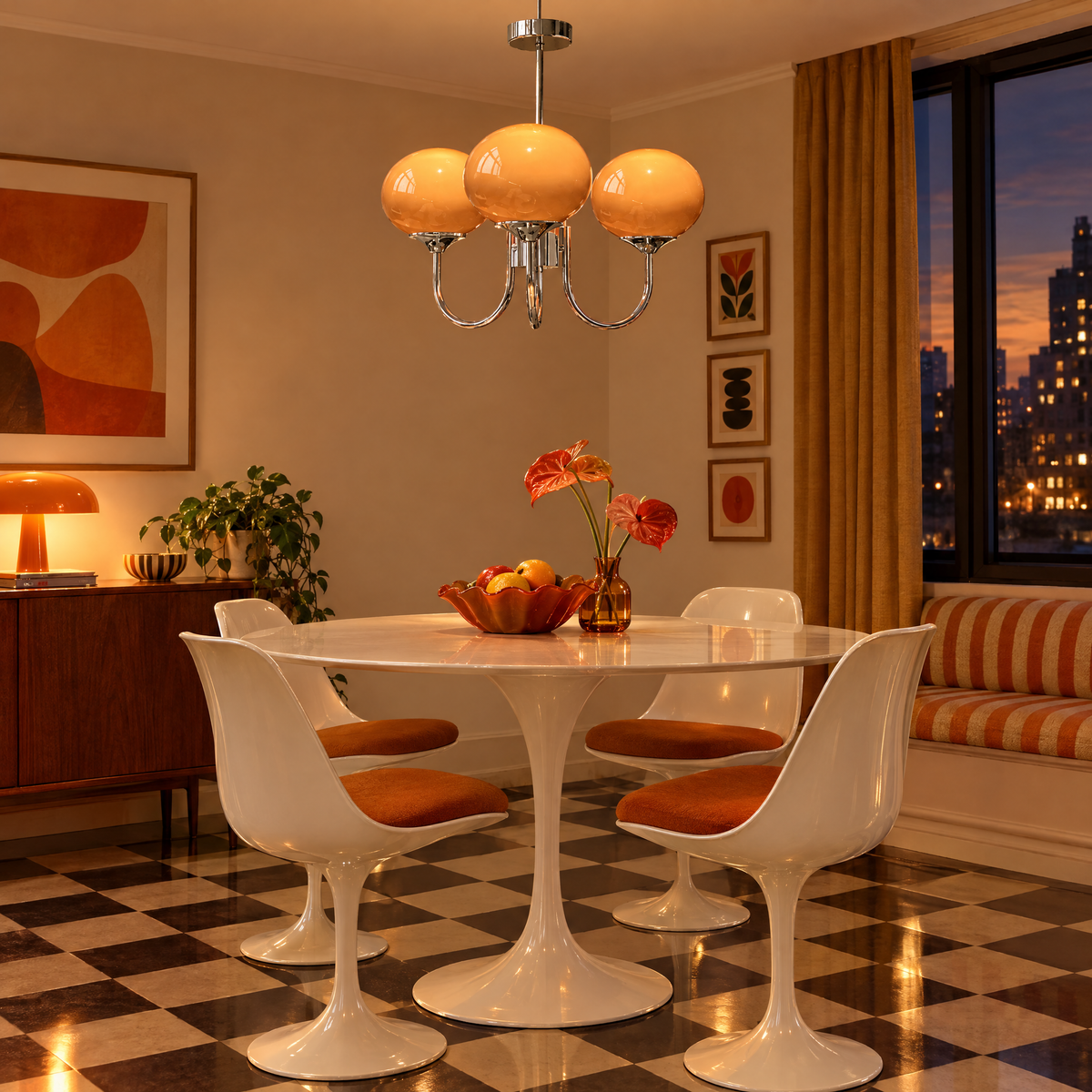 Mallow Glass Shade Chandelier in Chrome and Orange above a tulip dining table