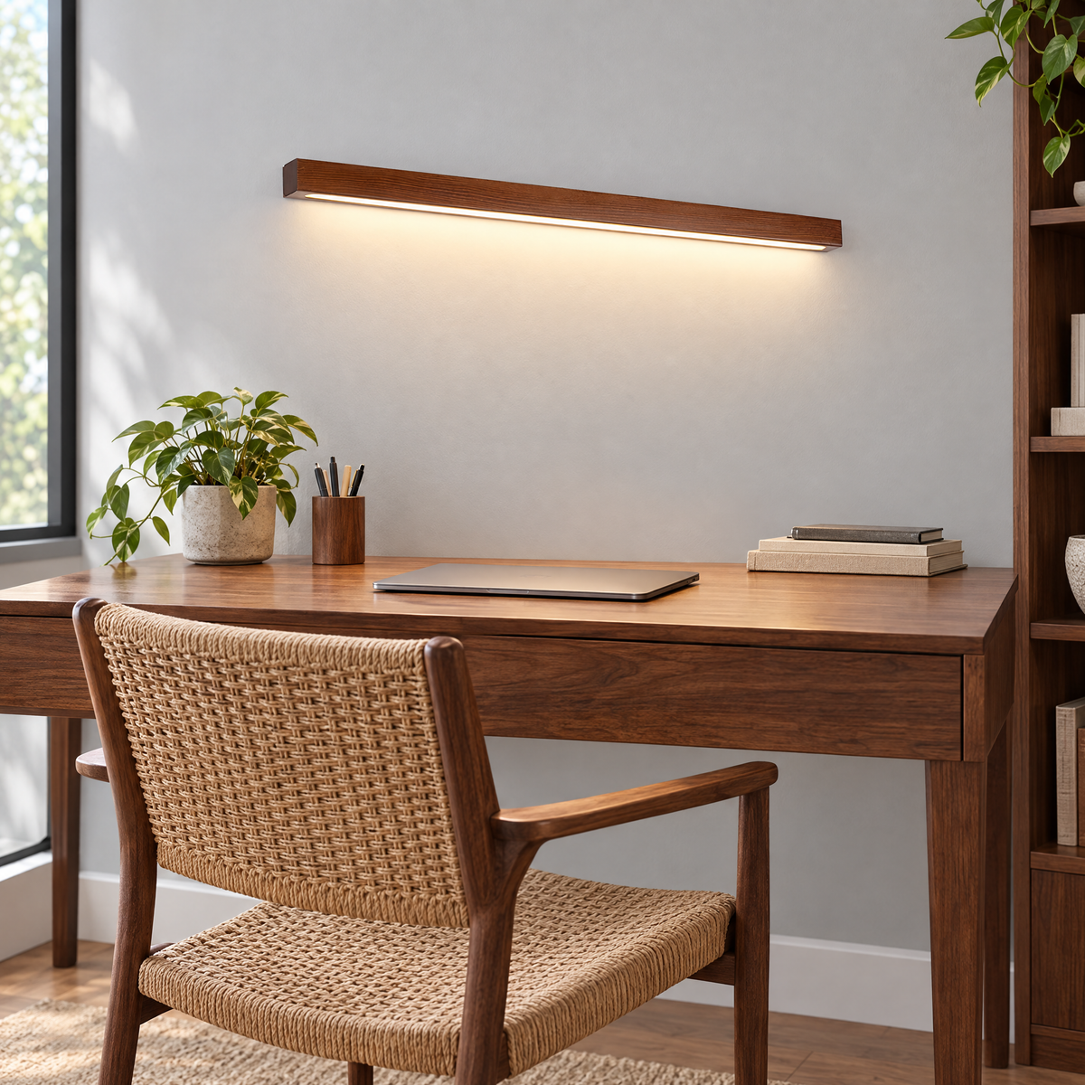 Arlo Linear Wood LED Wall Light in Walnut Color above a home office desk