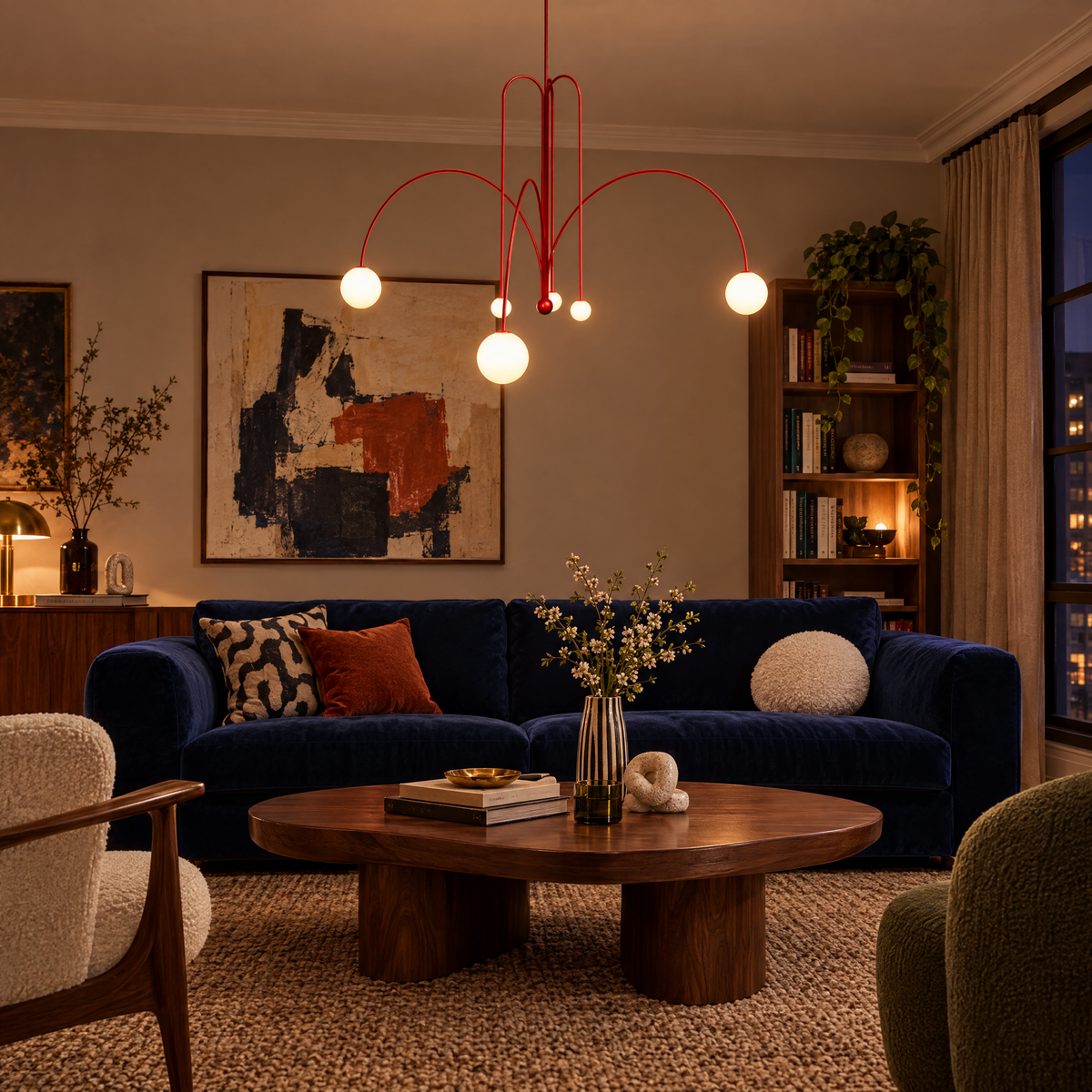 Finale Glass Globe Pendant Chandelier in Bright red in an eclectic living room