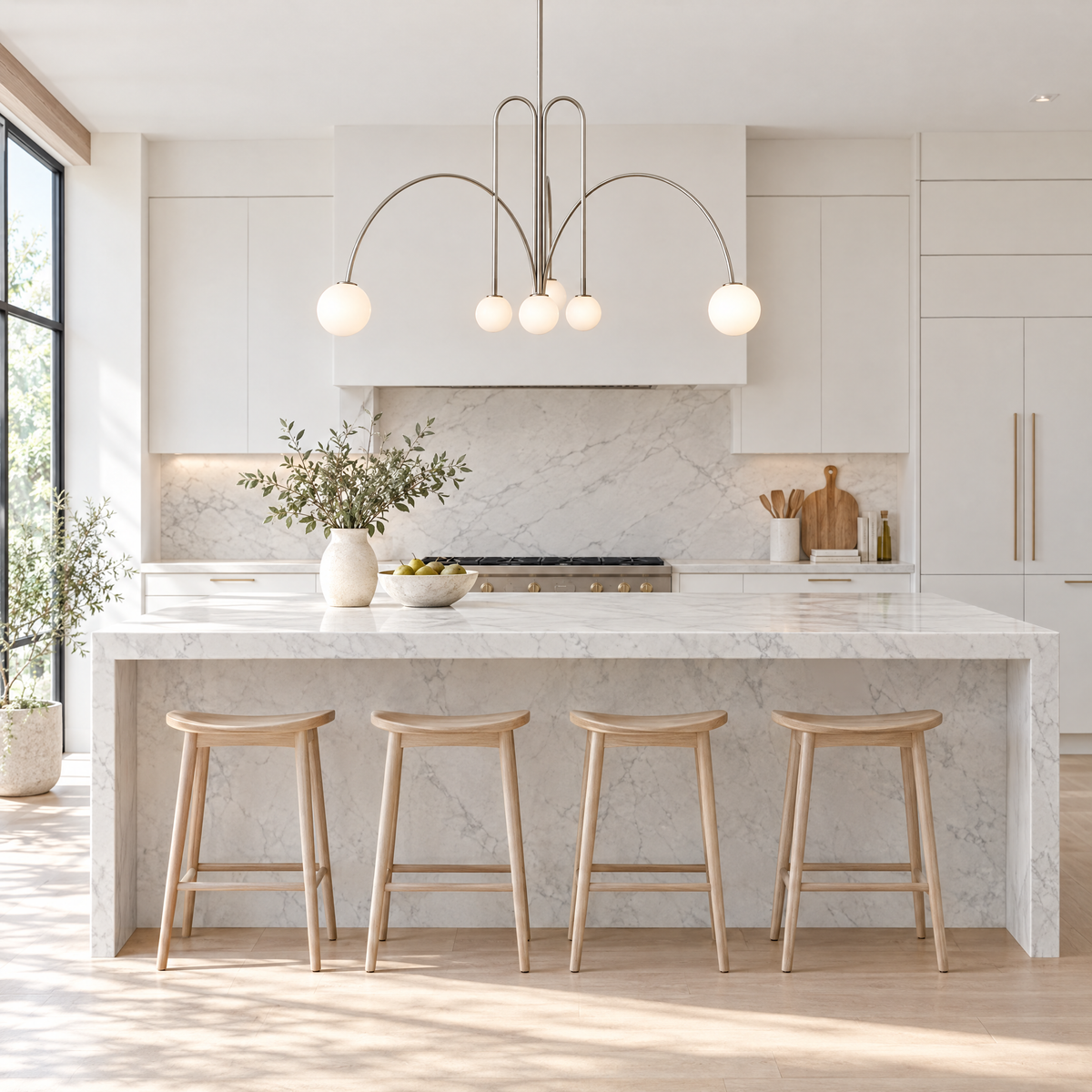 Finale Glass Globe Pendant Chandelier in Nickel above a marble kitchen island