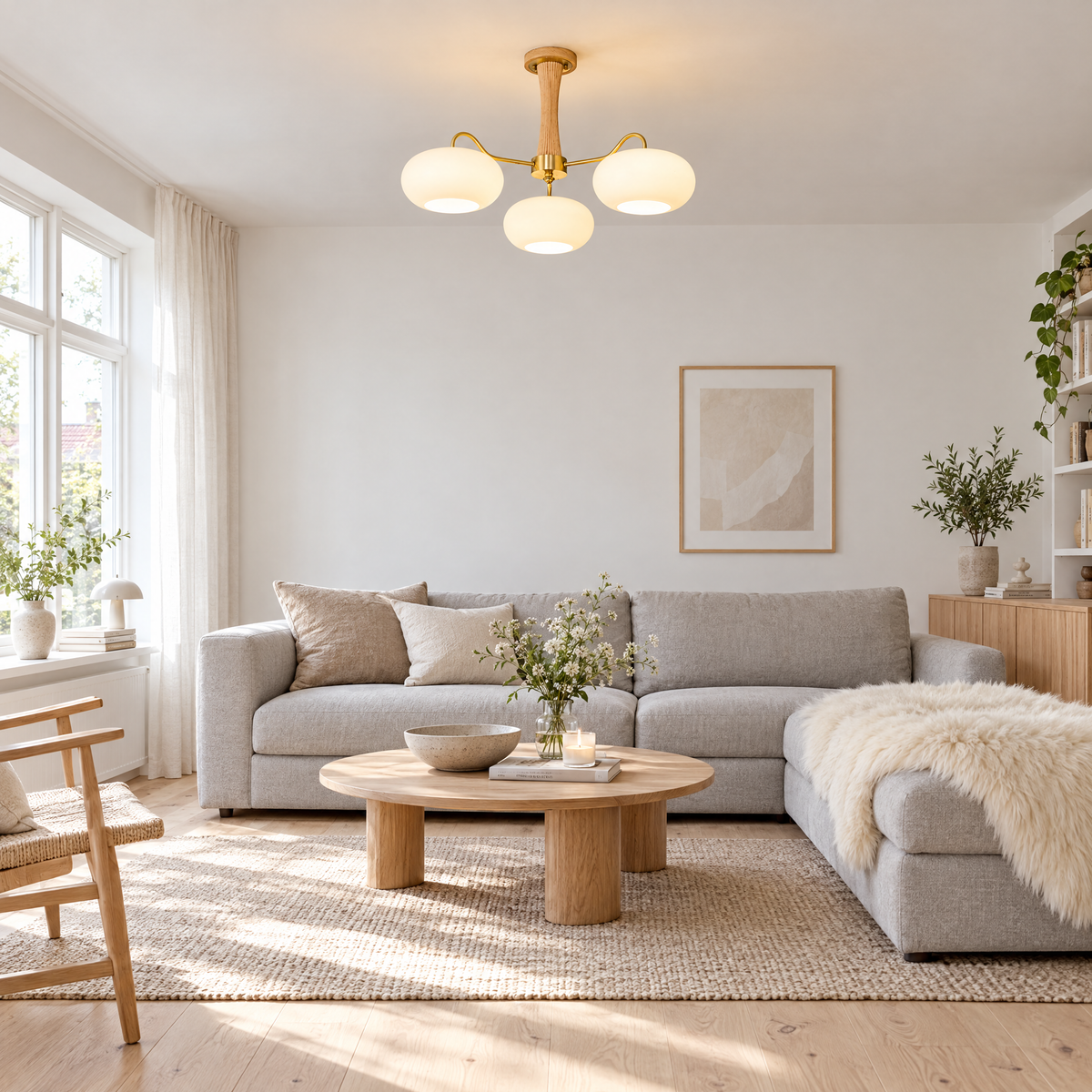 Kaki Brass and Wood Chandelier in Brass and Wood in a Scandinavian living room