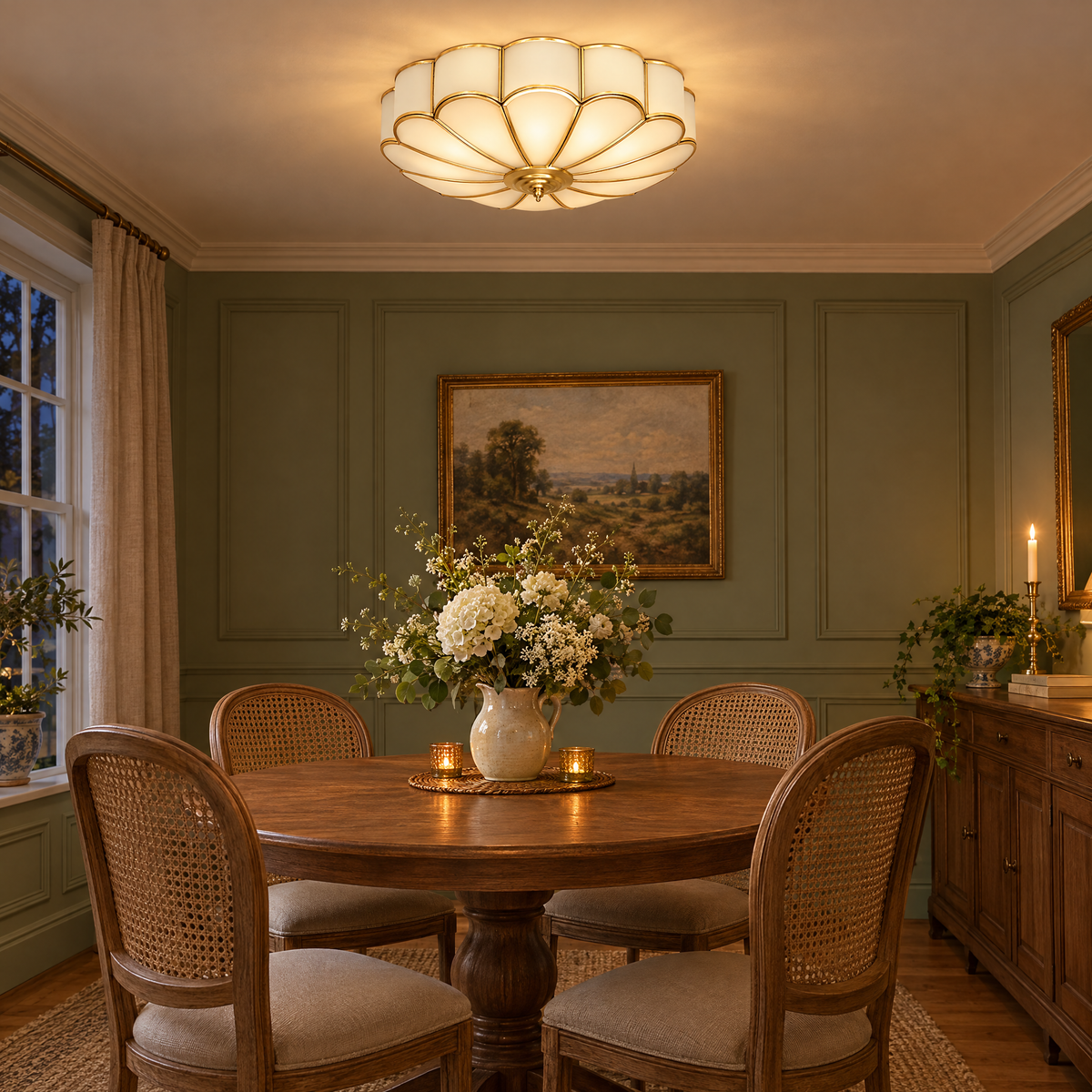 Blossa Brass Flower Glass Ceiling Light above a dining table