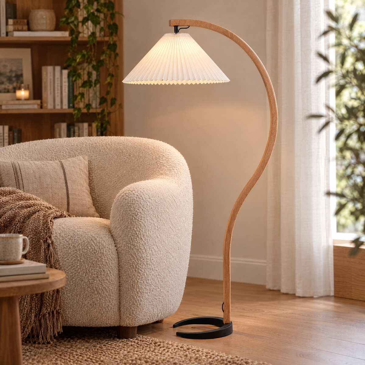 Caprani Beech Wood Linen Floor Lamp with White shade, close-up beside an armchair