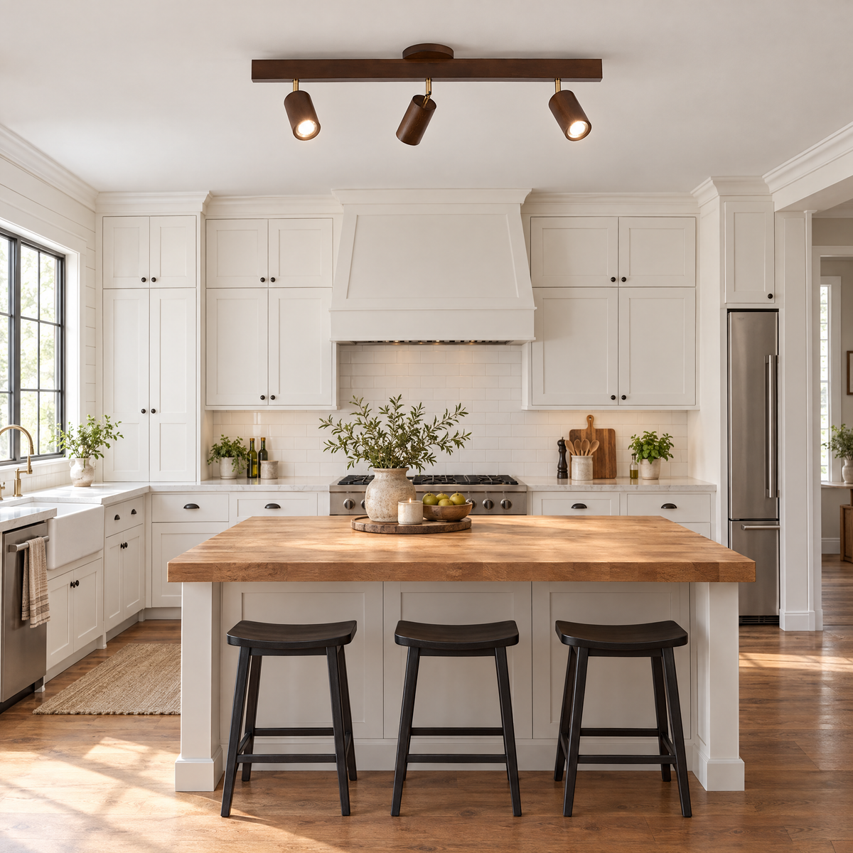 Rafter Wood Beam Spotlight Ceiling Light in Walnut Color above a kitchen island