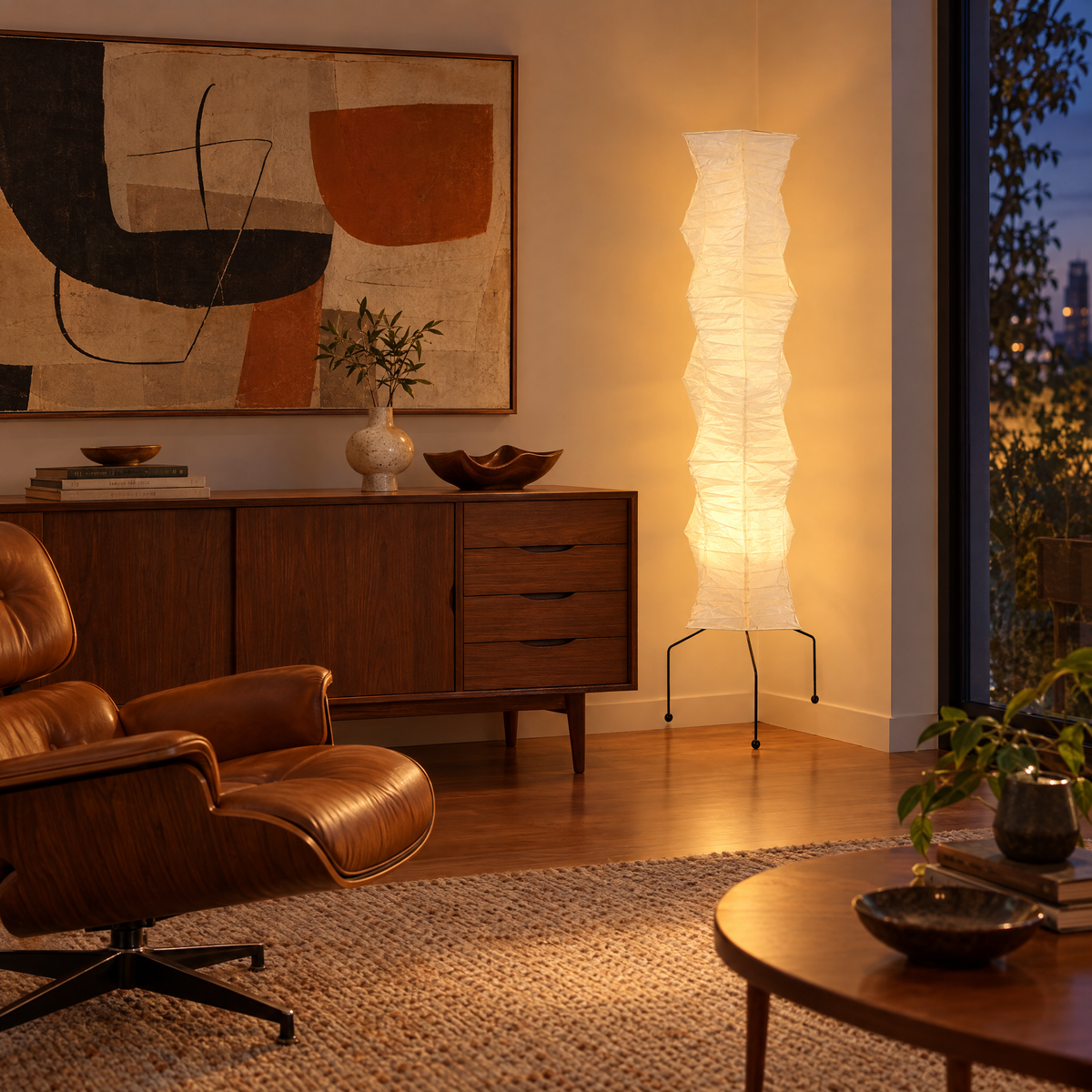 Washi Rice Paper Floor Lamp Dia 18.5 in, in a mid-century living room