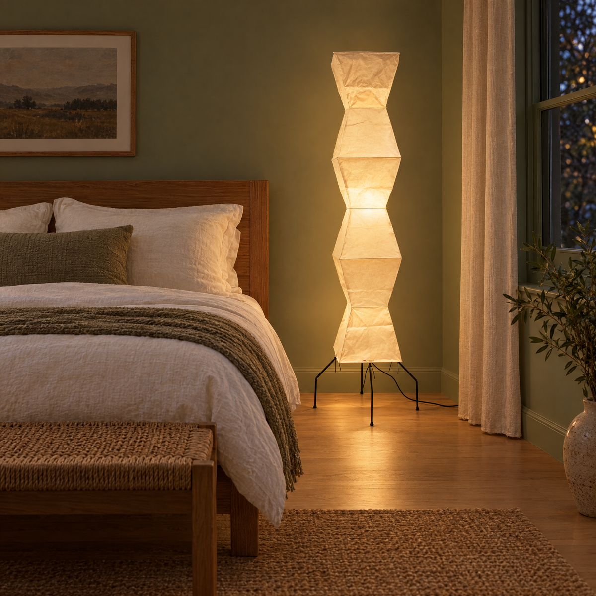 Washi Rice Paper Floor Lamp Dia 20.4 in, beside a bed