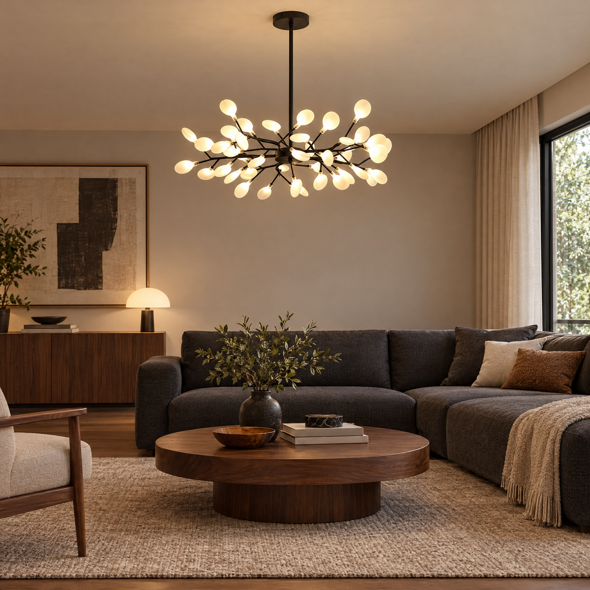 Lucciola Firefly Sputnik Chandelier, 45 heads, Black, in a living room