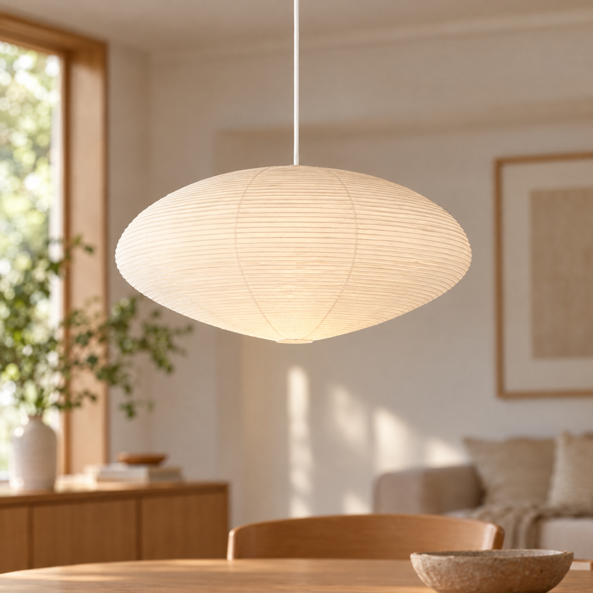 Fumi Washi Paper Pendant Light, White Cable